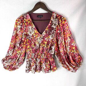 1. State XS Peasant Crop Floral Top in Pink, Yellow, Brown